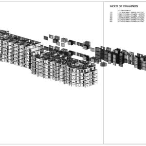 3D architectural drawing of a multi-level building structure composed of many cube-like units, shown in black and white, with an index of drawing sheets listed in the upper right corner.