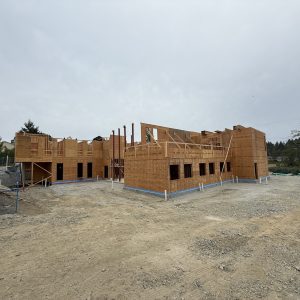 A partially constructed building made of wooden framing and plywood stands on a dirt lot under a cloudy sky, with construction materials and fencing visible nearby.